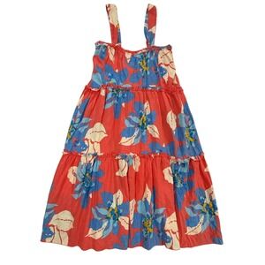 Free People Moonshine Tiered Midi Dress Coral Blue Floral Linen Blend XS W479